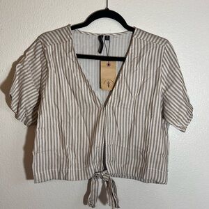 Knot Sisters Beige White Striped Tie-Front Blouse - Size M - NWT